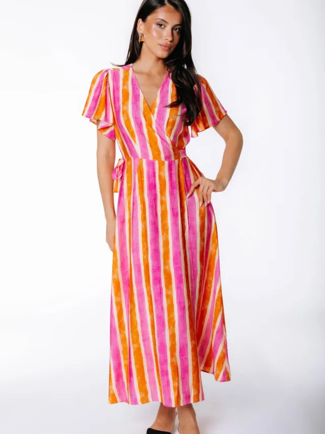 Colourful Rebel viscose maxi gestreepte wikkeljurk - roze Roze/oranje