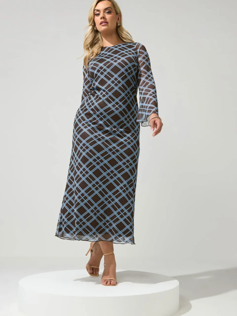 Yours London Chocoladebruin En Blauw Geruite Mesh Jurk, foto 2