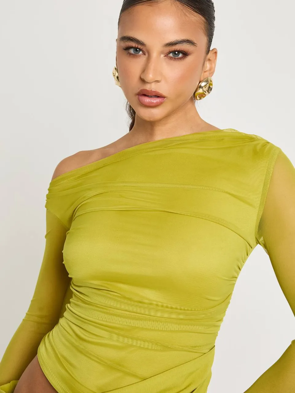 boohoo Dames Mesh Mix Gedrapeerde Midaxi Jurk chartreuse, foto 4