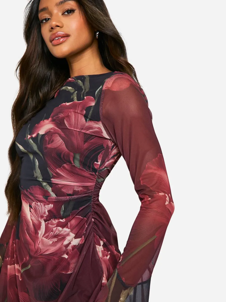 boohoo Dames Floral Mesh A-Lijn Mini Jurk zwart, foto 4