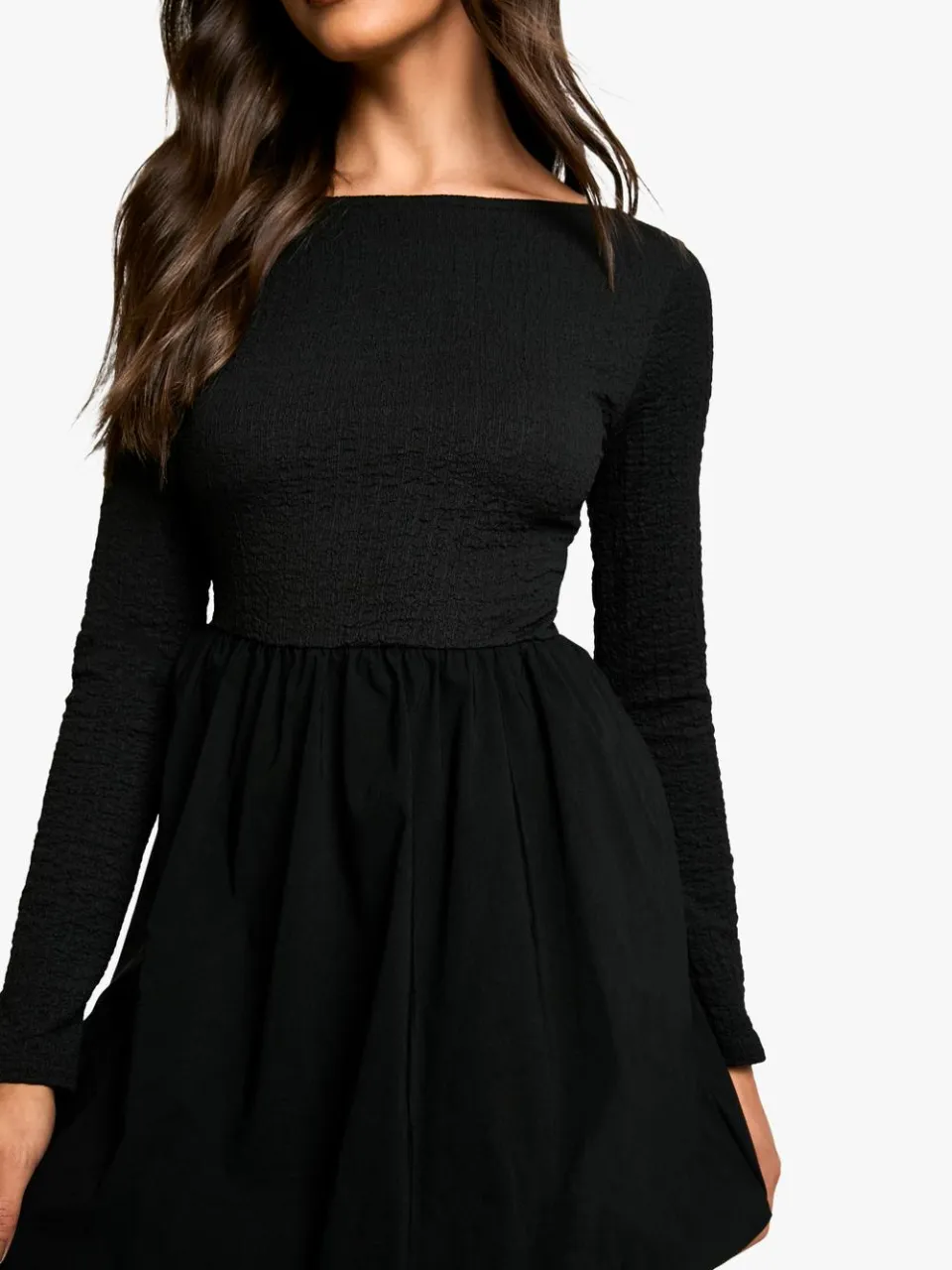 boohoo Dames Texture Lange Mouw Volume Rok Mini Jurk zwart, foto 2