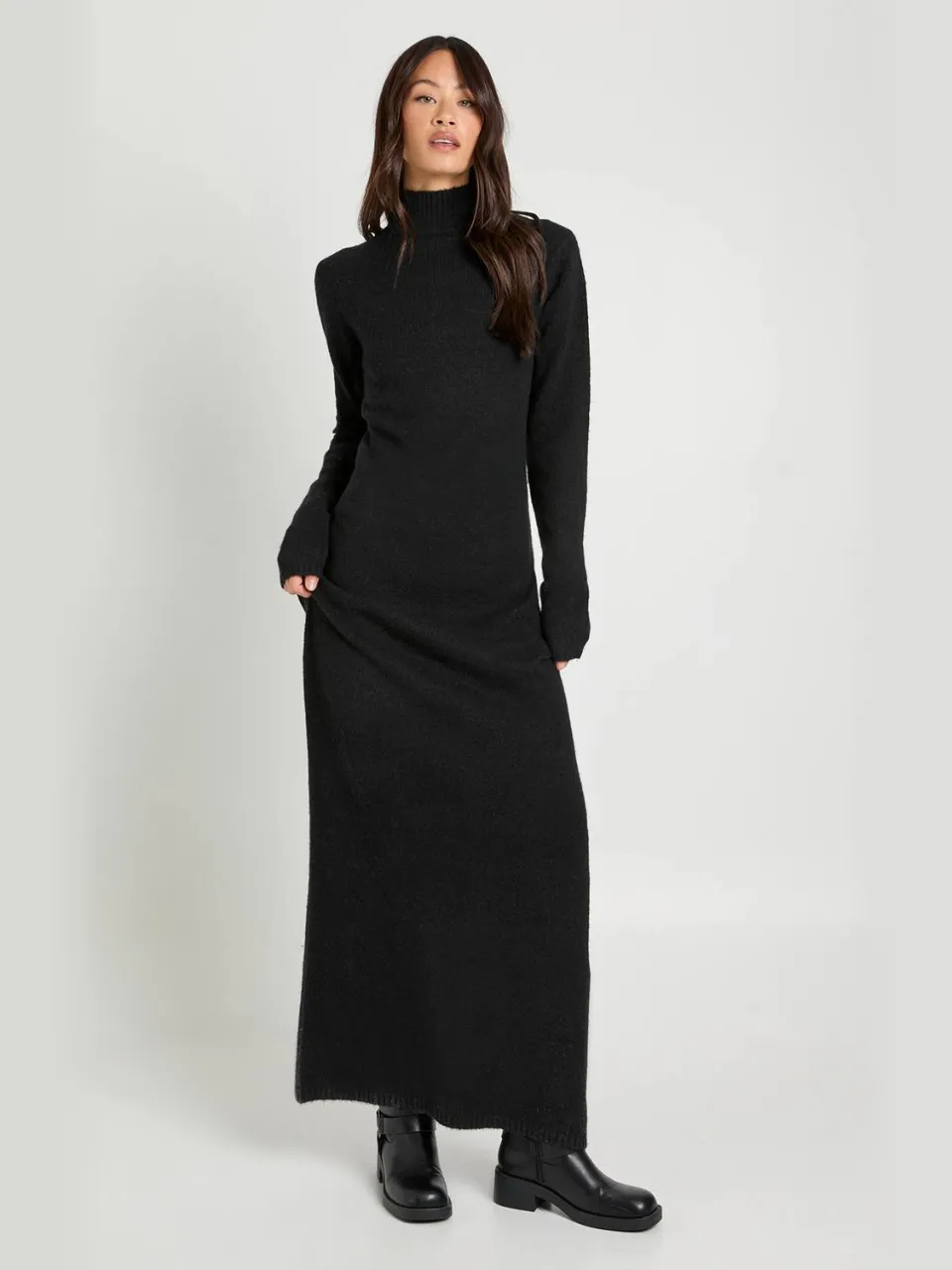 boohoo Dames Lange Super Zachte Hoge Hals Gebreide Maxi Jurk zwart, foto 2