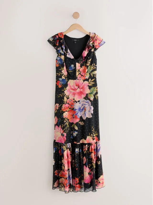 Next Dames - Lange feestjurk met ruches aan de mouwen en mesh - Zwart Black Floral Print