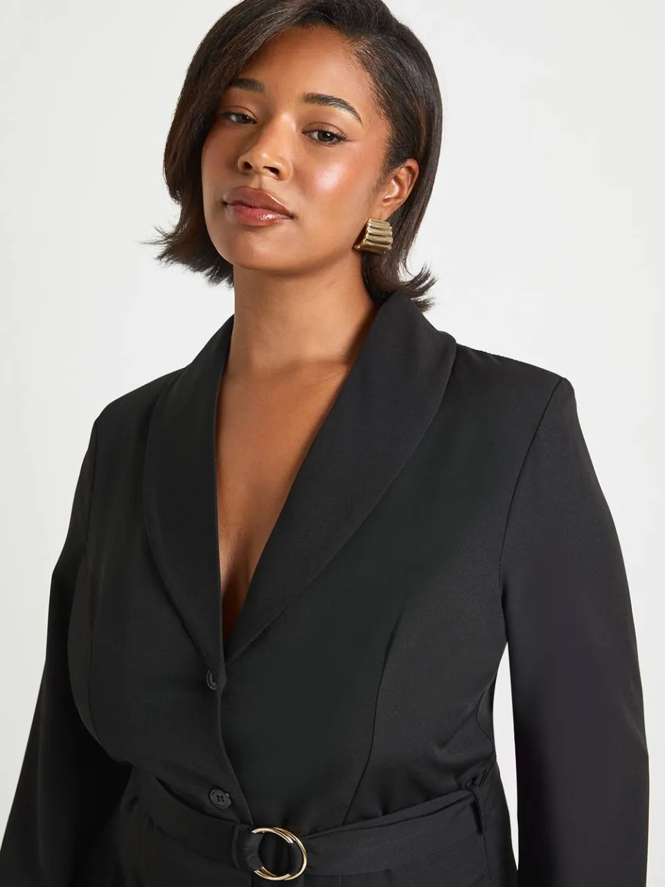 boohoo Dames Plus gespdetail gebonden taille getailleerde blazerjurk zwart, foto 4