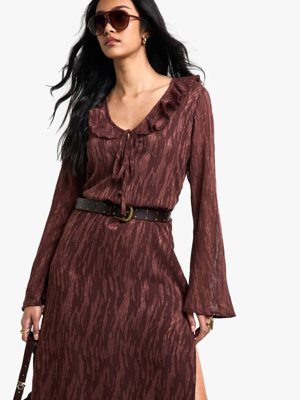 boohoo Dames Jacquard Franje Zijgespleten Maxi Jurk chocoladebruin, foto 2