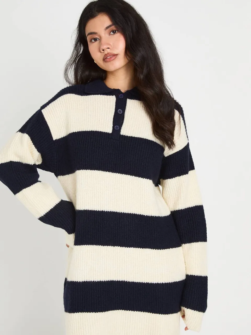 boohoo Dames Gestreepte Oversized Rugby Gebreide Mini-jurk Met Kraagdetail marineblauw, foto 3