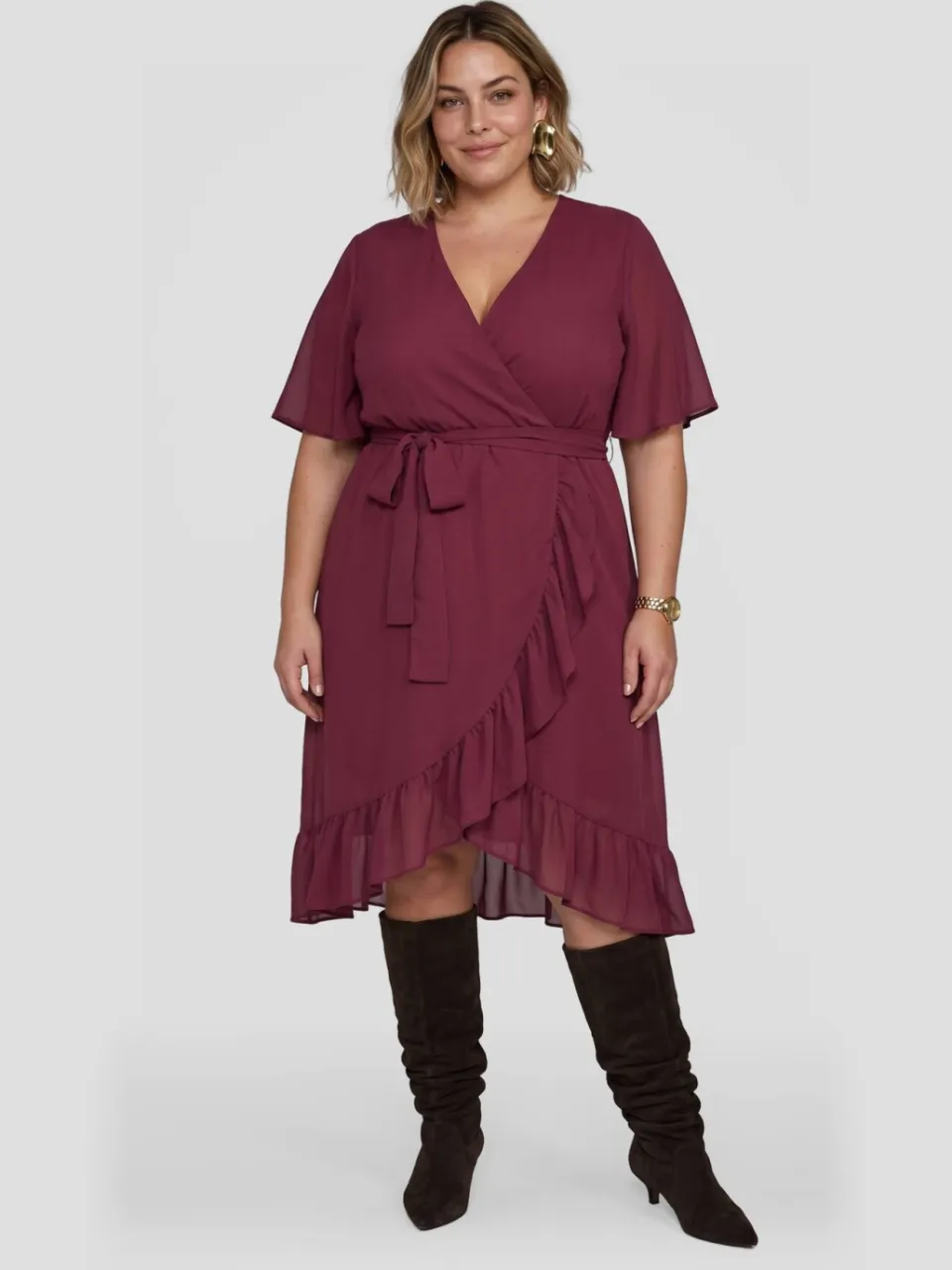 GREAT LOOKS wikkeljurk met ruches bordeaux, foto 3