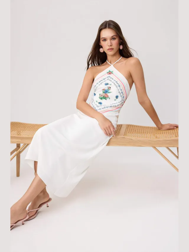 Trendyol TRENDYOLMİLLA Dames Ecru Bloemen Midi Mouwloos Recht Jurken