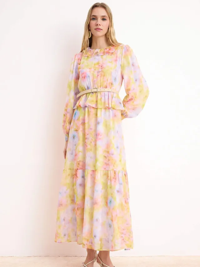 Turkishsouq Lange maxi-jurk met bloemenprint voor dames, casual/dagelijks, A-lijn model, geschikt voor hijab. Roze