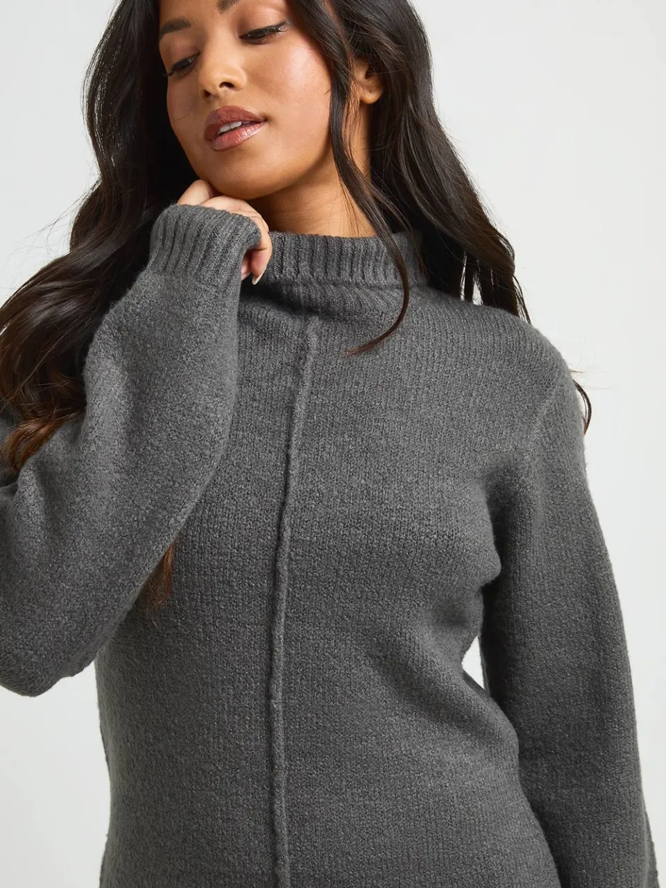 boohoo Dames Petite Hoogsluitende Gebreide Mini-trui Jurk Met Naaddetail houtskool, foto 4