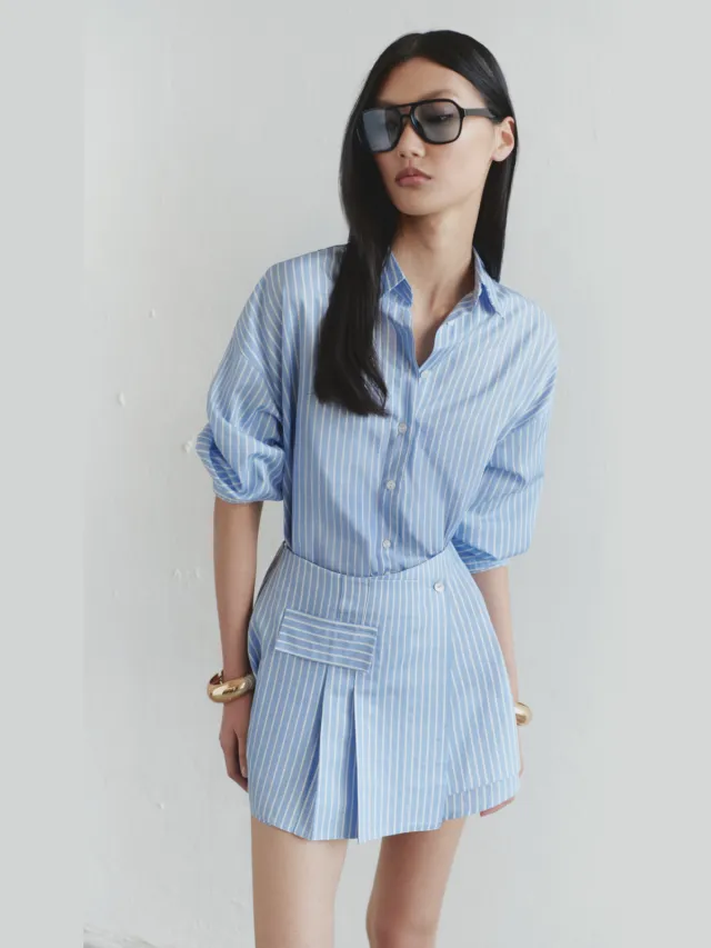 Trendyol TRENDYOLMİLLA Dames Blauw Gestreept Kort / Mini Lang Avond / Dagelijks Blousejurk Jurken