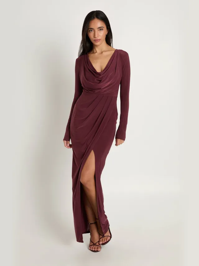 boohoo Dames Slinky Geplooide Wikkel Maxi Jurk Met Lange Mouwen Pruim
