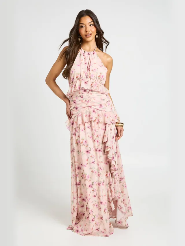 boohoo Dames Gebloemde Halternek Chiffon Maxi Jurk Met Ruches Roze
