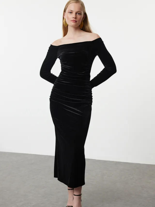 Trendyol TRENDYOLMİLLA Dames Zwart Effen Maxi Lang Stijlvol/Avond Bodycon Jurken