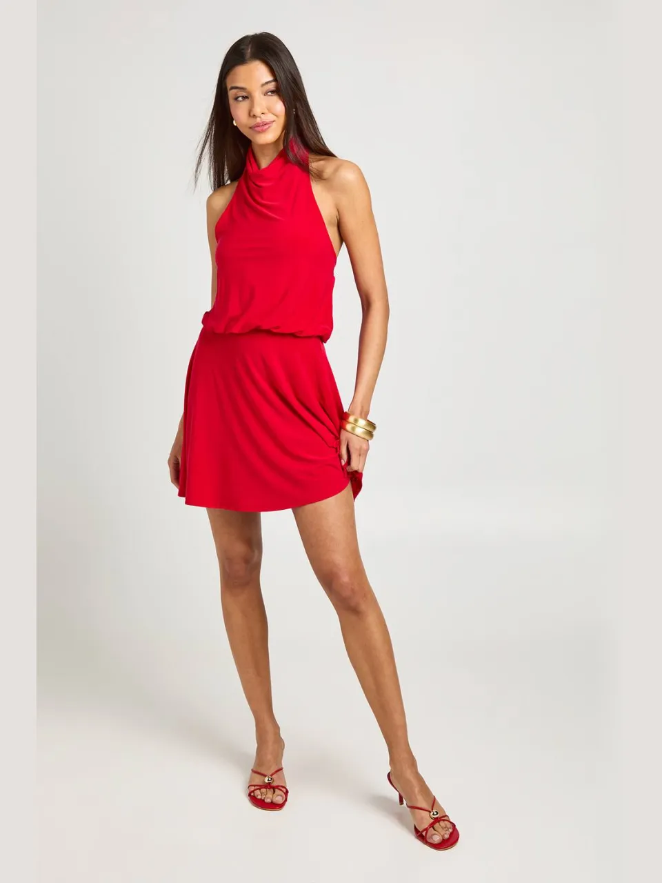 boohoo Dames Mini-jurk Met Hoge Hals, Open Rug En Verlaagde Taille rood, foto 3
