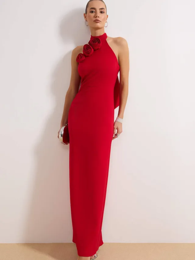 Trendyol TRENDYOLMİLLA Dames Rood Effen Maxi Mouwloos Diploma-uitreiking / Gala Recht Avond & Gala Jurk