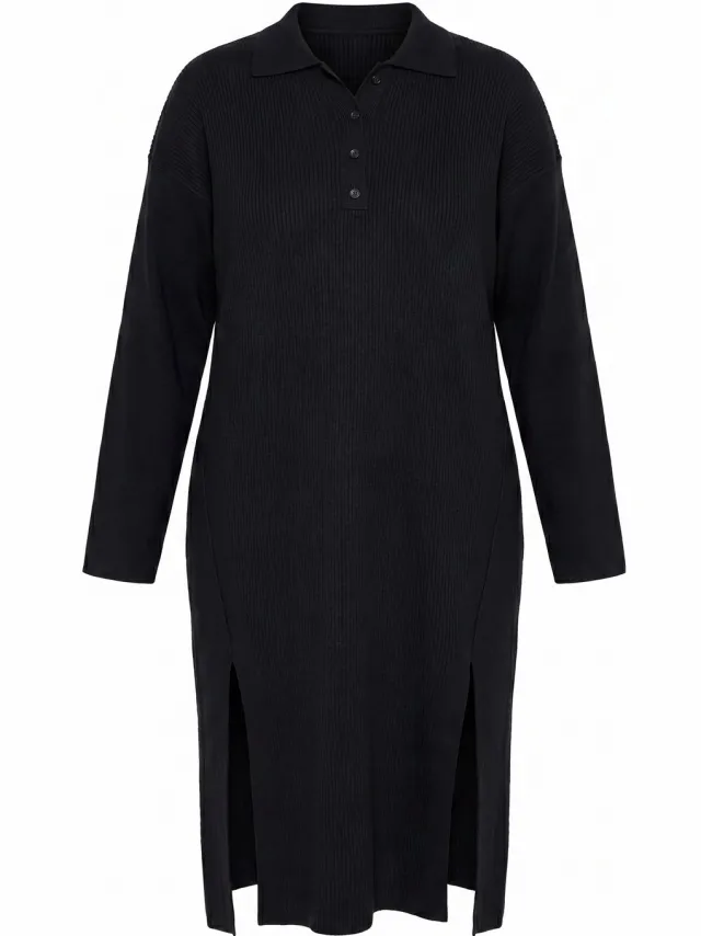 Ulla Popken Dames - Maxi-jurk ribjersey oversized polokraag lange mouwen - Zwart - Maat 42+