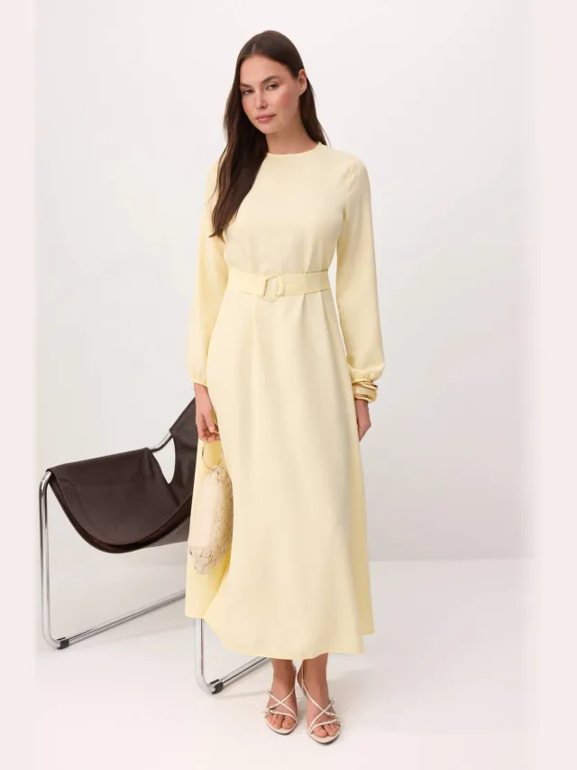 Trendyol Modest Dames Geel Effen Maxi Lang Casual Skater Modest Jurken