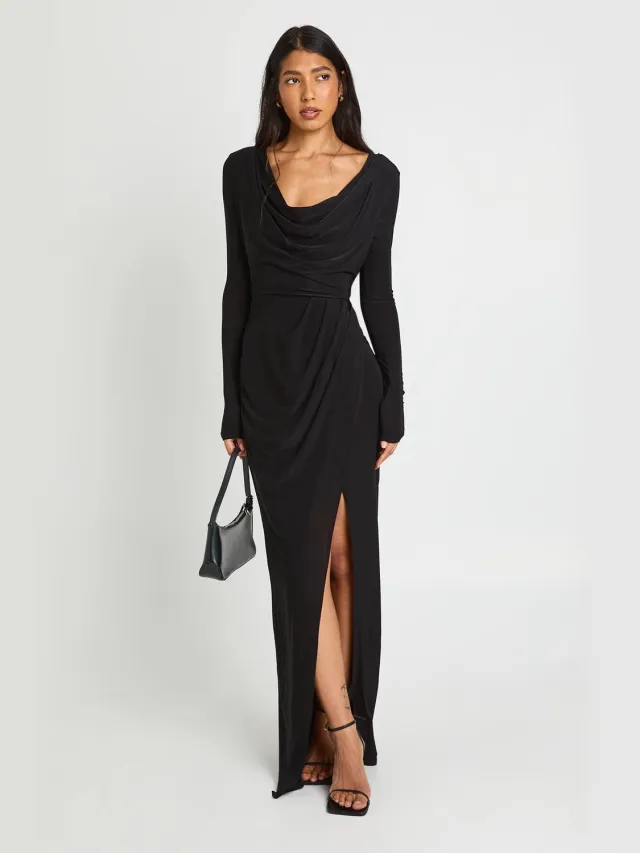 boohoo Dames Lange Slinky Geplooid Wikkel Maxi Jurk Met Lange Mouwen Zwart