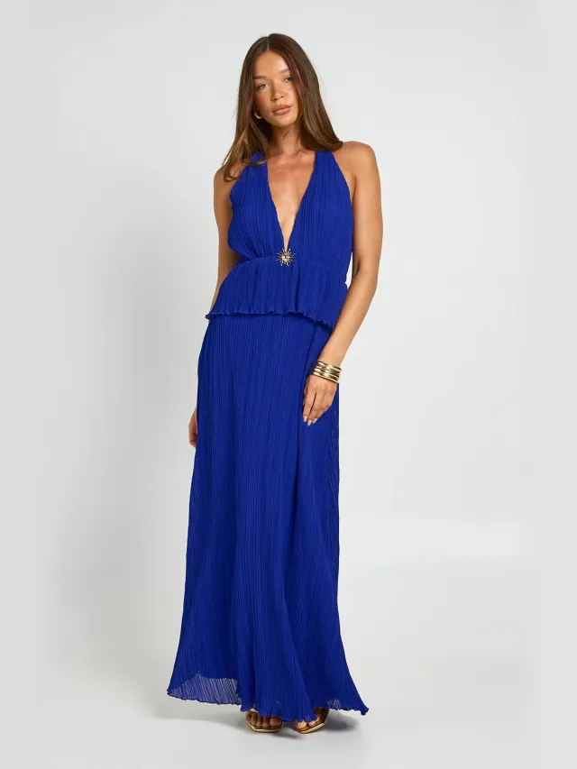 boohoo Dames Plisse Maxi Jurk Met Gouden Details En Diepe Halslijn Kobaltblauw