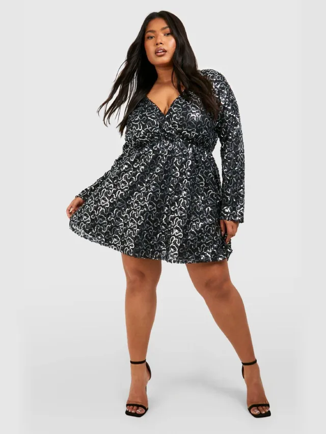 boohoo Dames Plus Sequin Wrap Skater Jurk Zwart