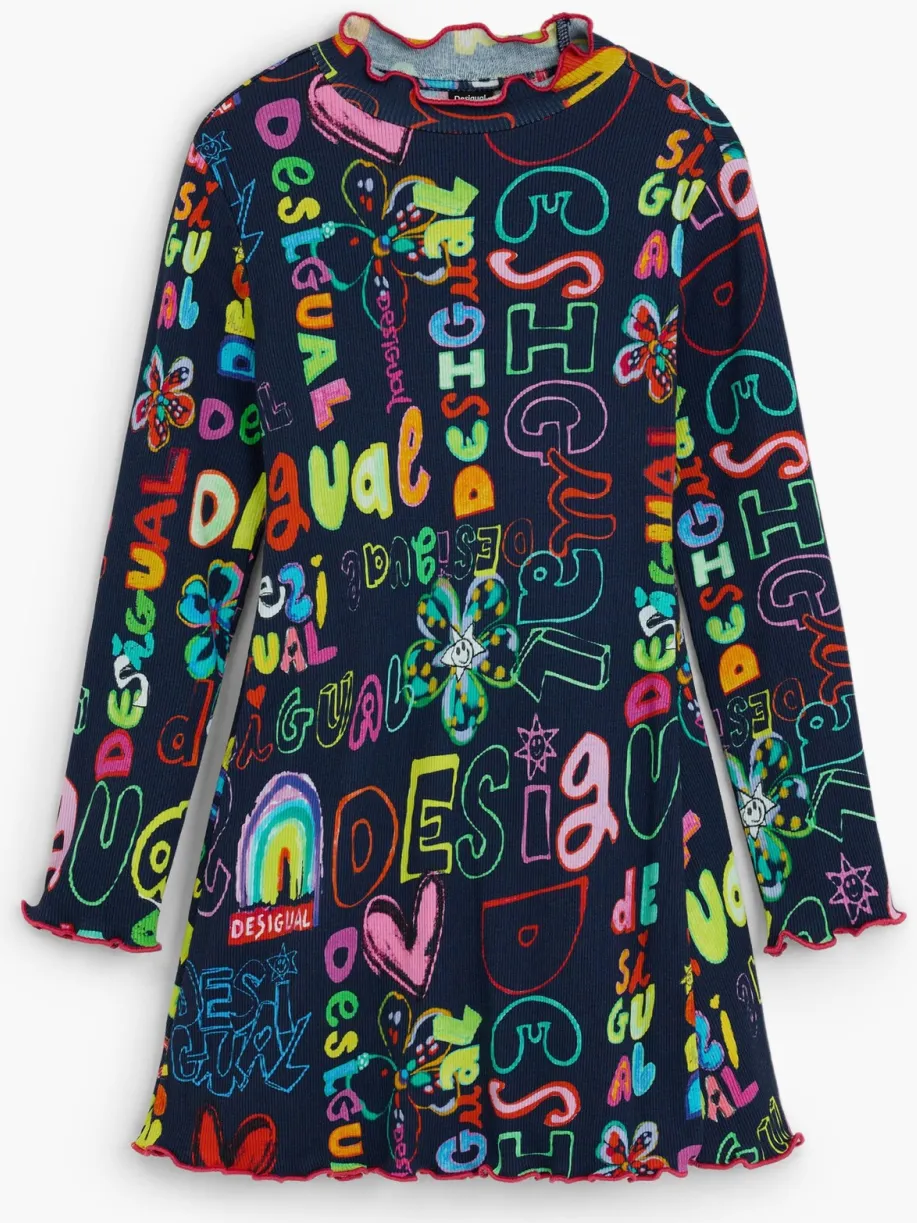 Desigual A-lijn jurk donkerblauw donkerblauw/geel/roze, foto 2