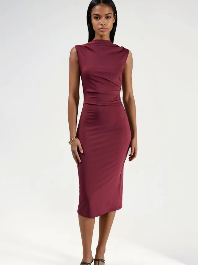 Hiccup Gerimpelde Bodycon Midi-jurk Bordeauxrood