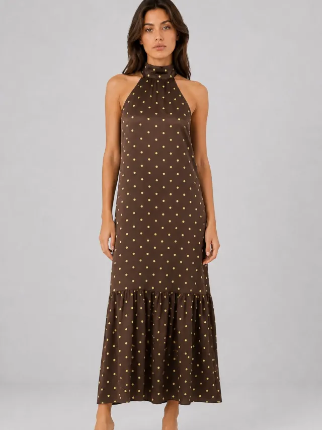 Mixray Polkadot Halter Maxi Jurk Bruin