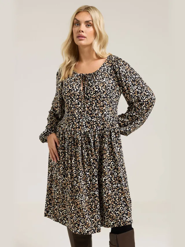 Yours Zwarte Jurk Met Luipaardprint En Strikhals Black