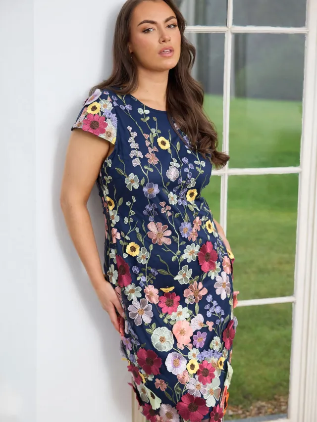 Yours London Marineblauwe En Roze Rechte Jurk Met 3D Geborduurde Bloemen, foto 2