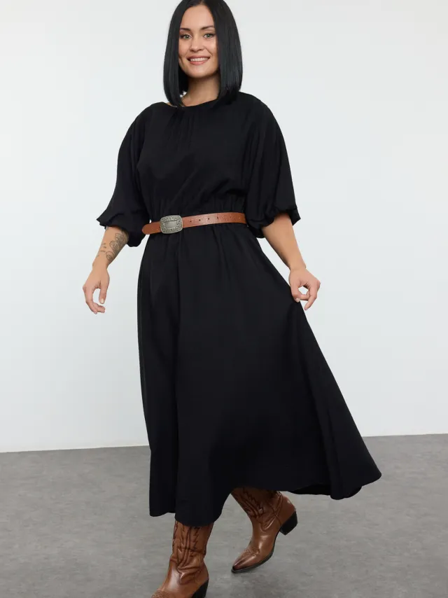 Turkishsouq Curve dames midi-jurk met textuur, lang, casual/dagelijks, relaxed, plus size Zwart