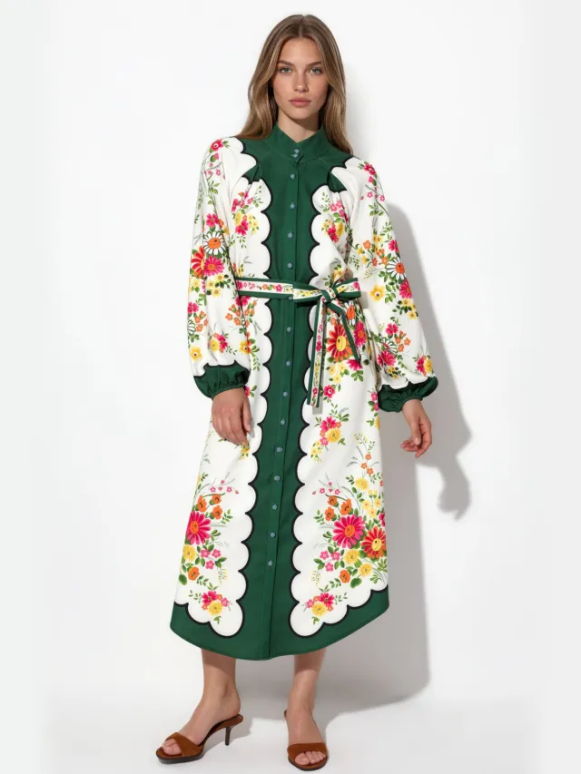 MSN Collection Bloemige Midi Hemdenjurk met Ceinture Veelkleurig