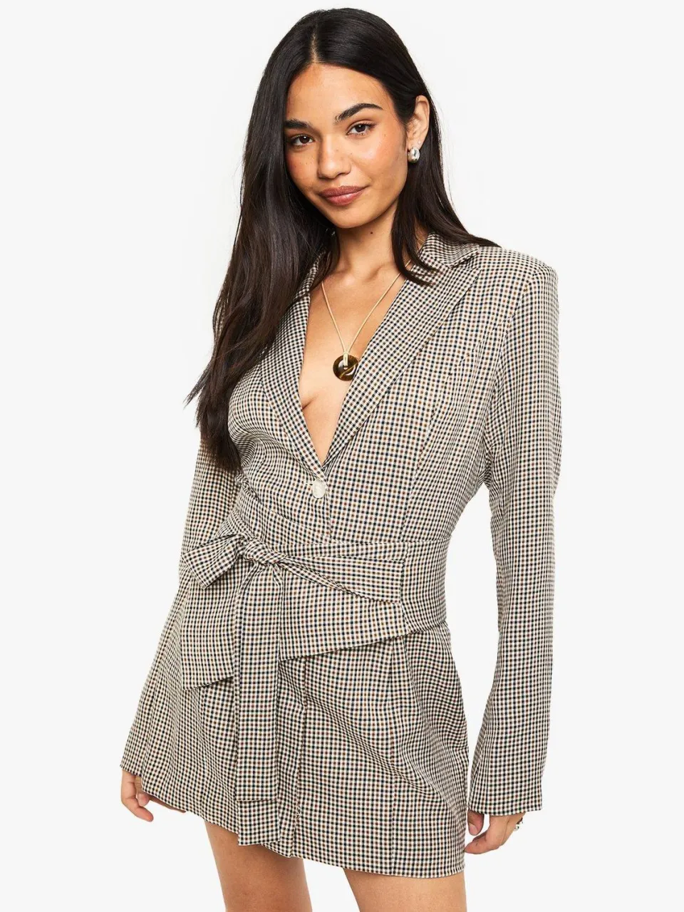 boohoo Dames Check op maat gemaakte blazerjurk met ceintuurdetail bruin, foto 5