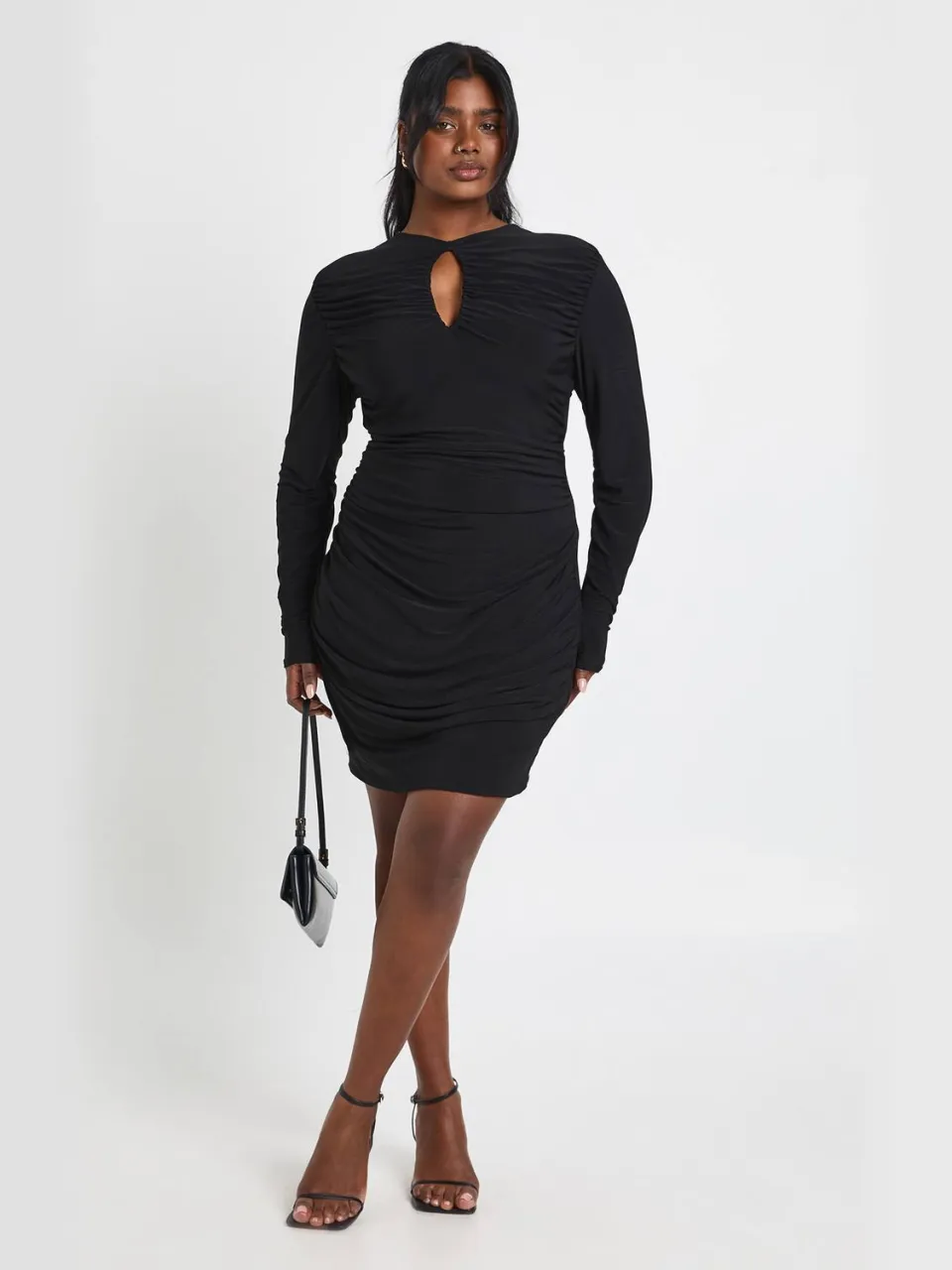boohoo Dames Plus Double Slinky Geplooid Keyhole Bodycon Jurk zwart, foto 3