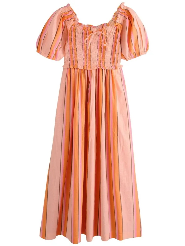 Next Dames - Gesmokte midi-jurk met pofmouwen, petite - Petite - Oranje Orange Stripe