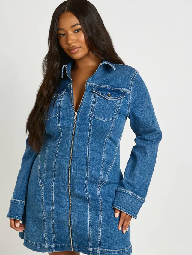 boohoo Dames Plus Denim Zip Up Shiftjurk Medium Blauw