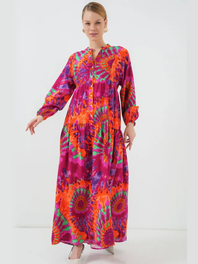Big Dart Geprinte V-hals Maxi-jurk met knoopsluiting Veelkleurig