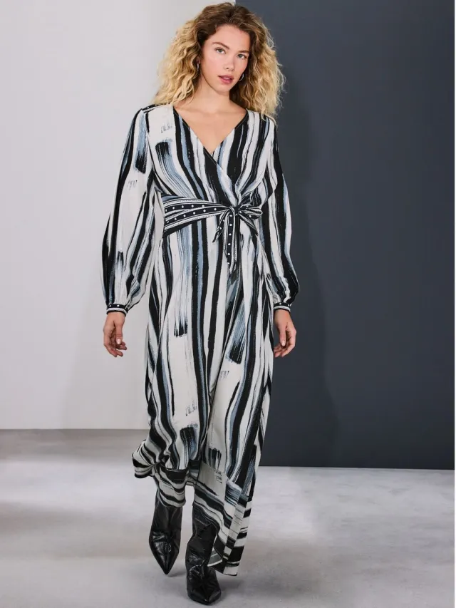 Next Dames - Halflange jurk met V-hals, lange mouwen en aantrekkoord in de taille - Wit Navy Blue/Ecru Stripe