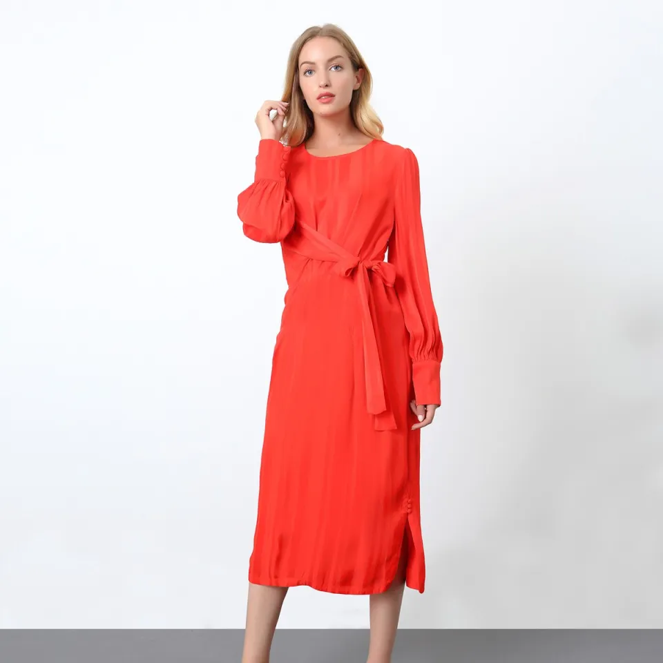 Smart & Joy Gedrapeerde jurk met lange mouwen en touw aan de zijkant Rood