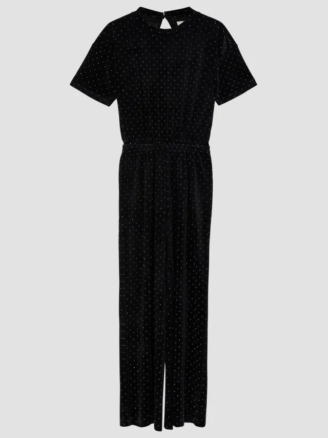 S.Oliver female - Feestelijke fluwelen jumpsuit met strassteentjes zwart