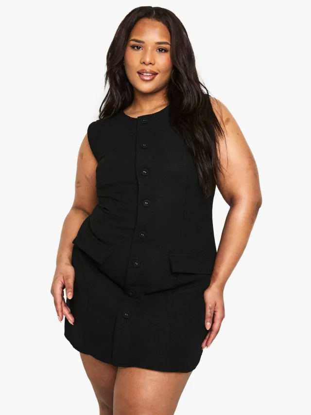 boohoo Dames plus boucle button front tailored mini dress Zwart