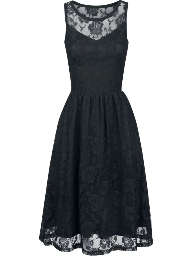 Gothicana Zwarte mouwloze kanten jurk met bloempatroon en elastische tailleelastiek - Dames