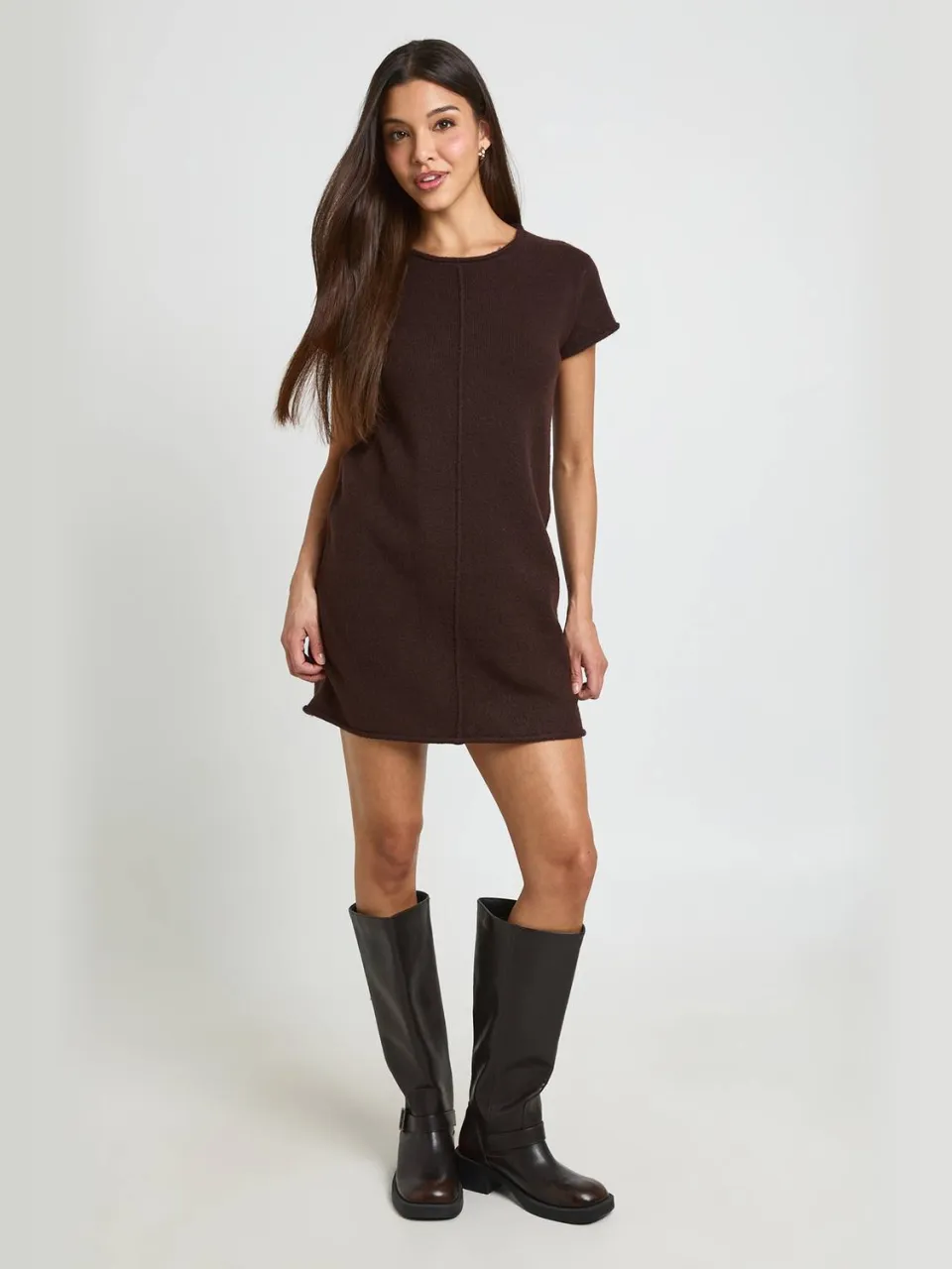 boohoo Dames Zachte Gebreide Mini-jurk Met Naaddetail chocoladebruin, foto 2