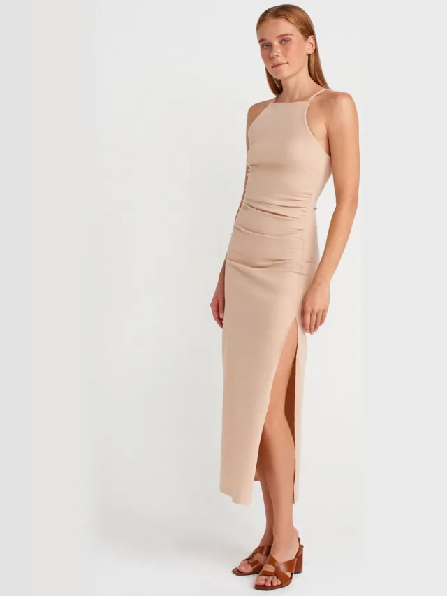 Dilvin Bodycon Halter Midi-jurk Met Splits Beige