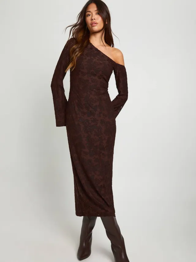 boohoo Dames Burnout Bloemen Asymmetrische Lange Mouw Midaxi Jurk Chocoladebruin