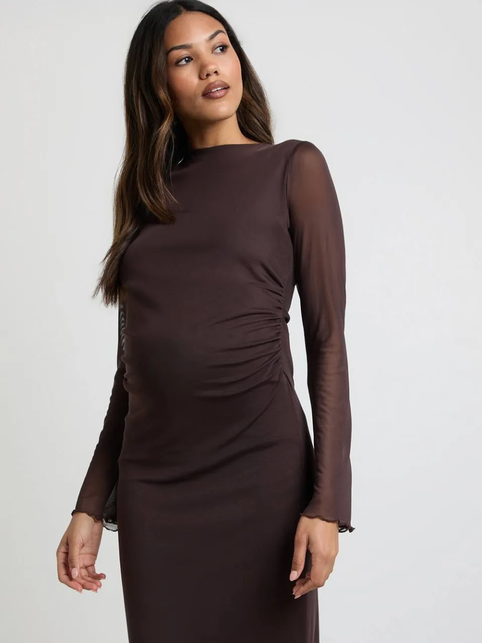 boohoo Dames Zwangerschaps maxi-jurk met mesh chocoladebruin, foto 2