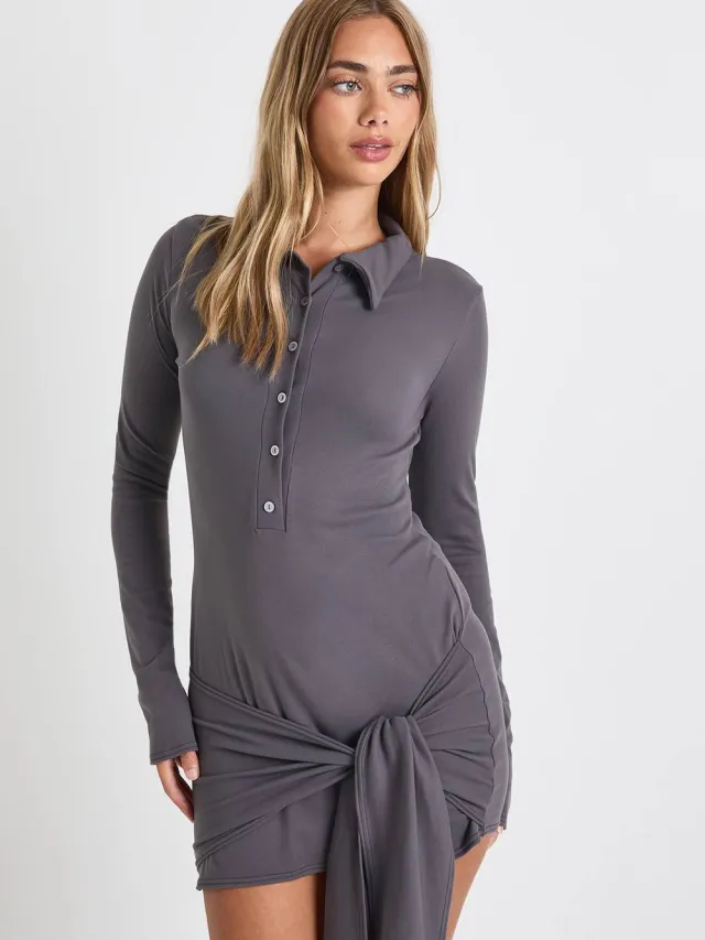 boohoo Dames Ultra Zacht Aanvoelend Gerafelde Wikkel-Overhemdjurk met Knoopsluiting Houtskool