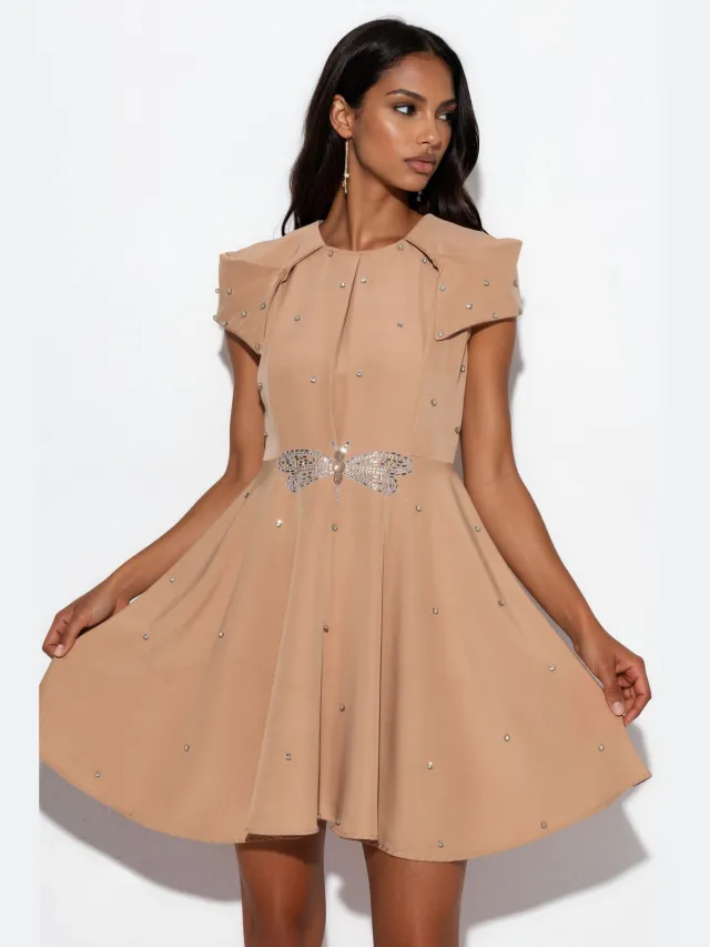 MSN Collection Dames A-lijn Mini Jurk Met Pailletten Camel