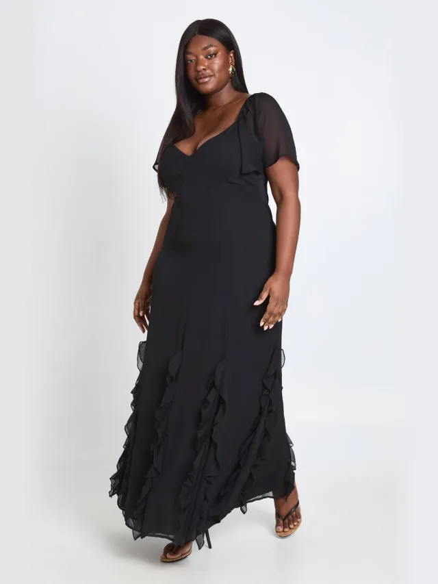 boohoo Dames Plus Chiffon Pofmouw Ruches Maxi Jurk Zwart