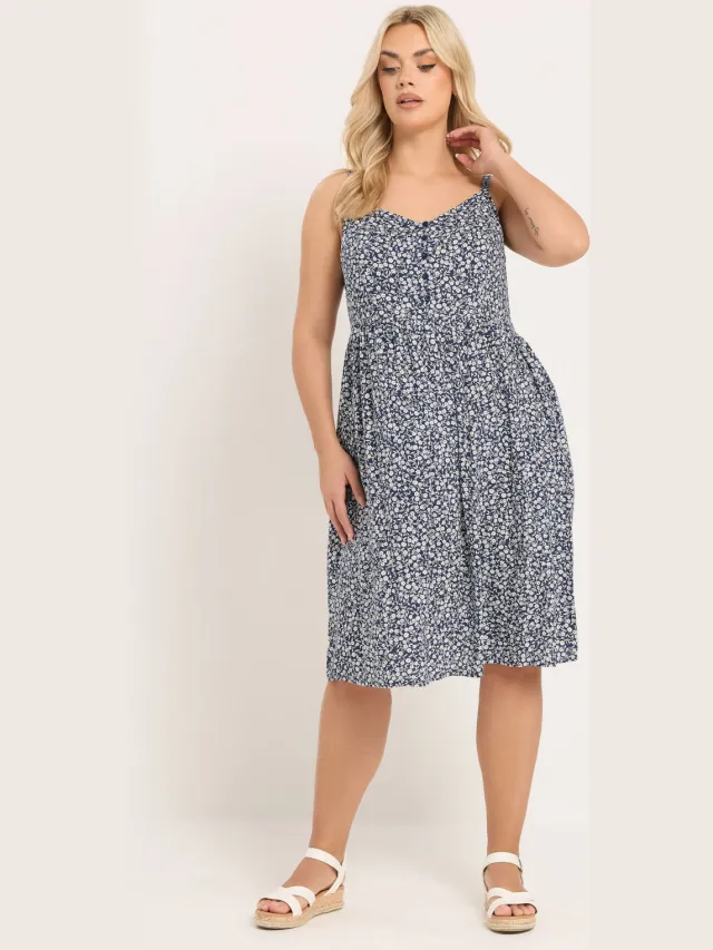 Yours Marineblauwe Jurk Met Fijne Bloemenprint En Bandjes Blue
